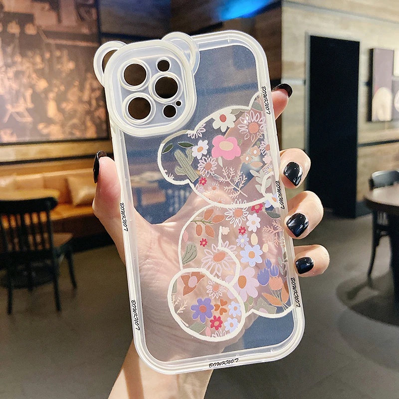 Case Suitable For IPHONE 11 - 12 Pro Max Korea Flower Transparant Bear Protection