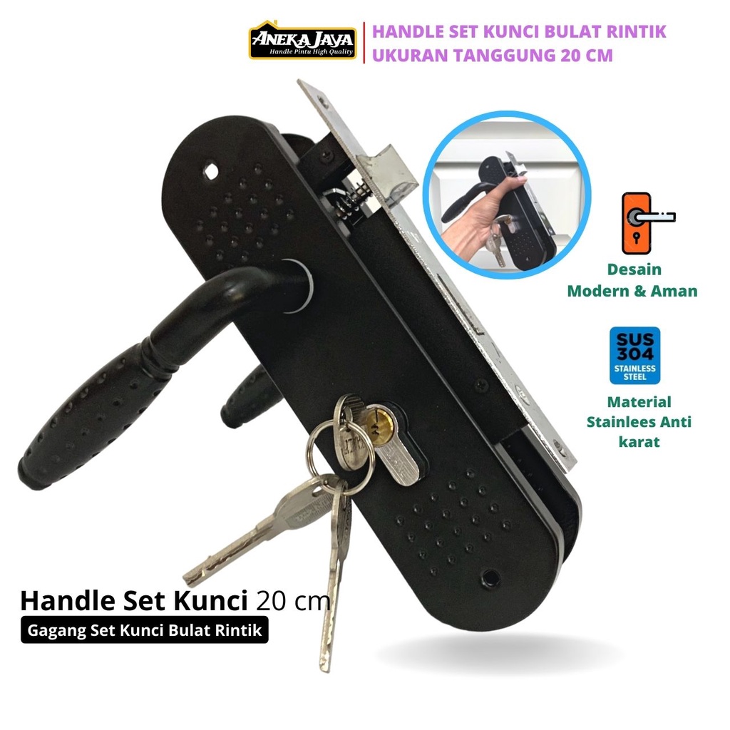 Handle Set Kunci Pintu Rumah Kamar Warna Hitam Ukuran Tanggung 20 cm Minimalis Murah Awet Bahan Stainlees