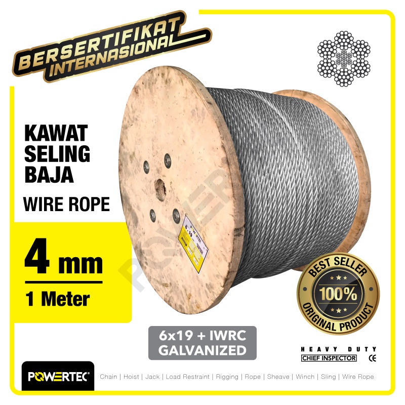 POWERTEC Wire Rope / Kawat Seling Baja 6x19 IWRC 4mm Galv  - 1 Meter