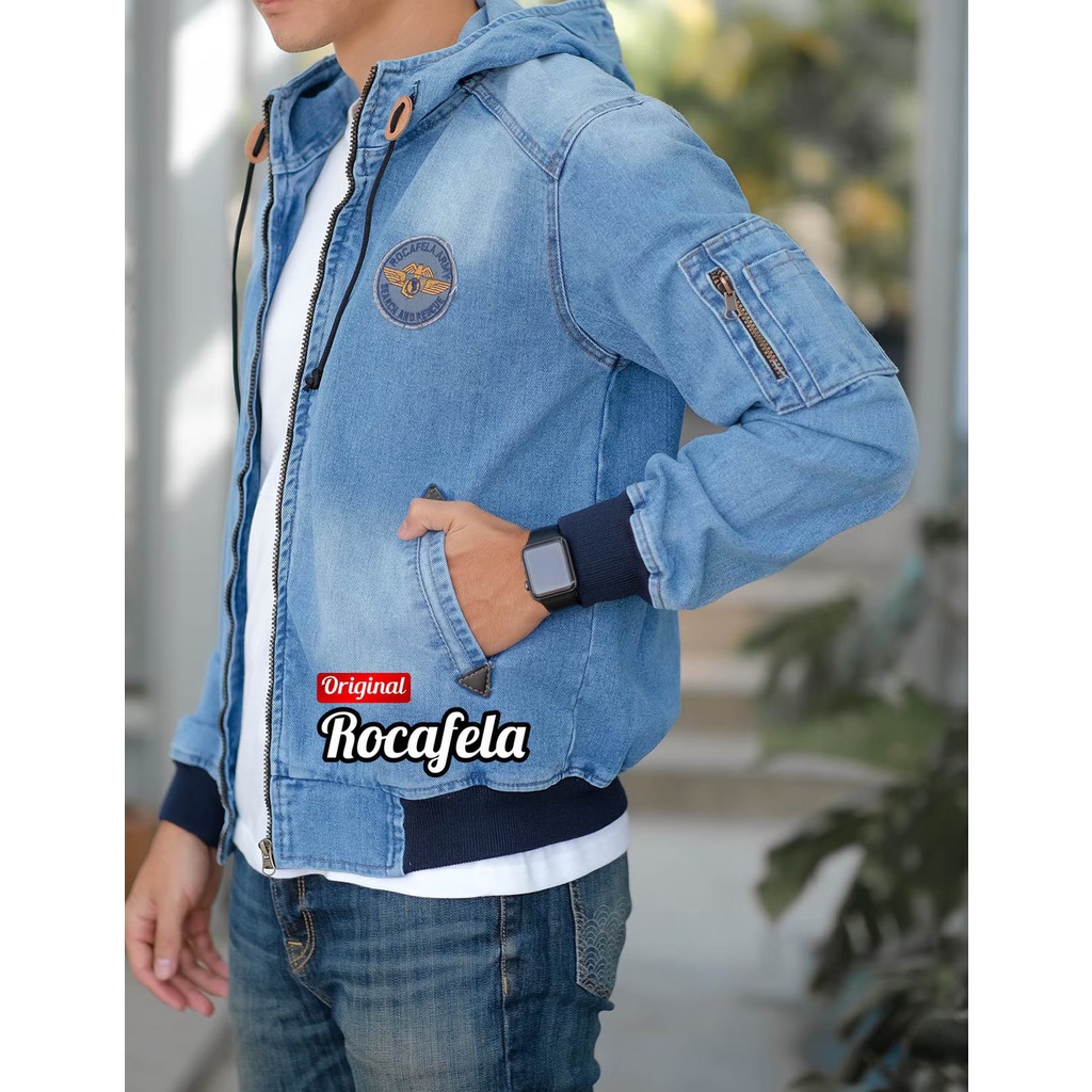 ROCAFELA -  Jaket Bomber Denim Hoodie Pria M,L,XL,XXL Original