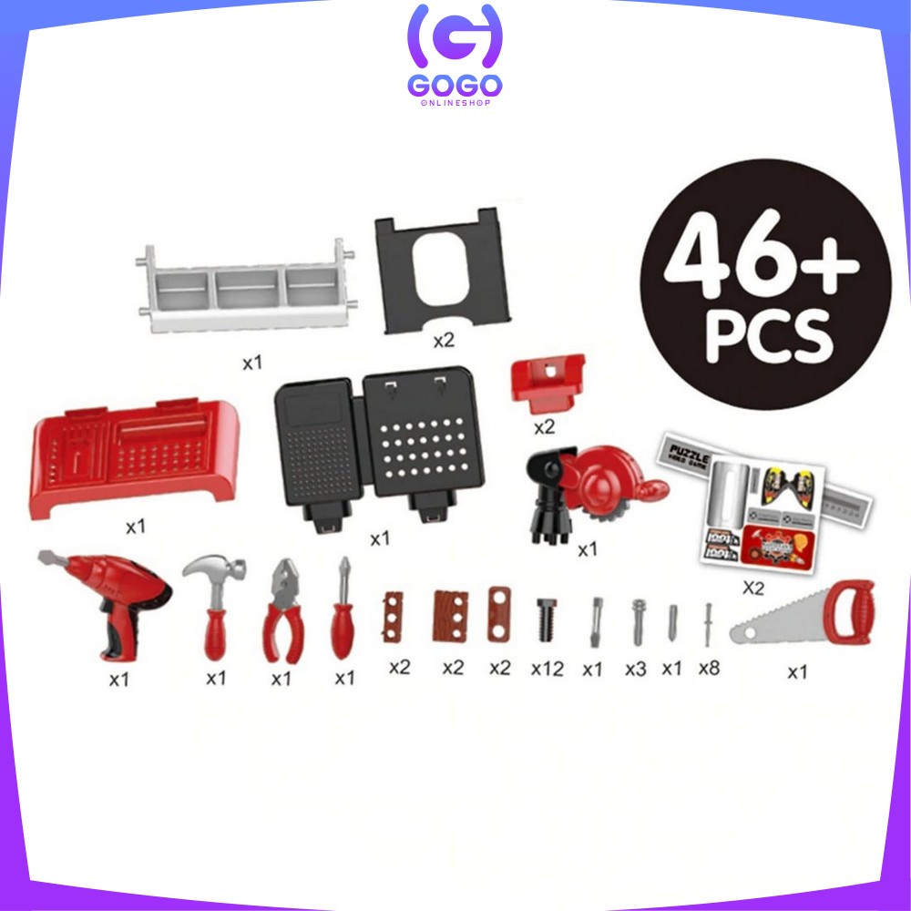 GOGO-M43 Mainan Anak Laki Laki Perkakas Alat Tukang Bangunan 46PCS Mainan Tool Set Bor Gergaji Palu