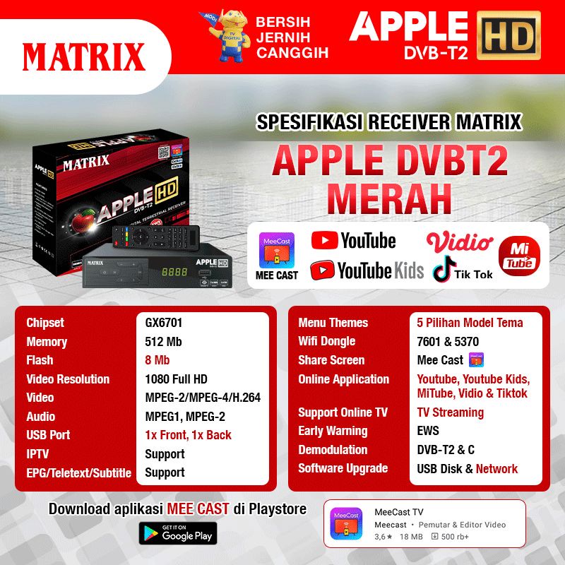 Set Top Box TV Digital Matrix Apple Merah DVBT2 - Penangkap Siaran Sinyal TV Digital