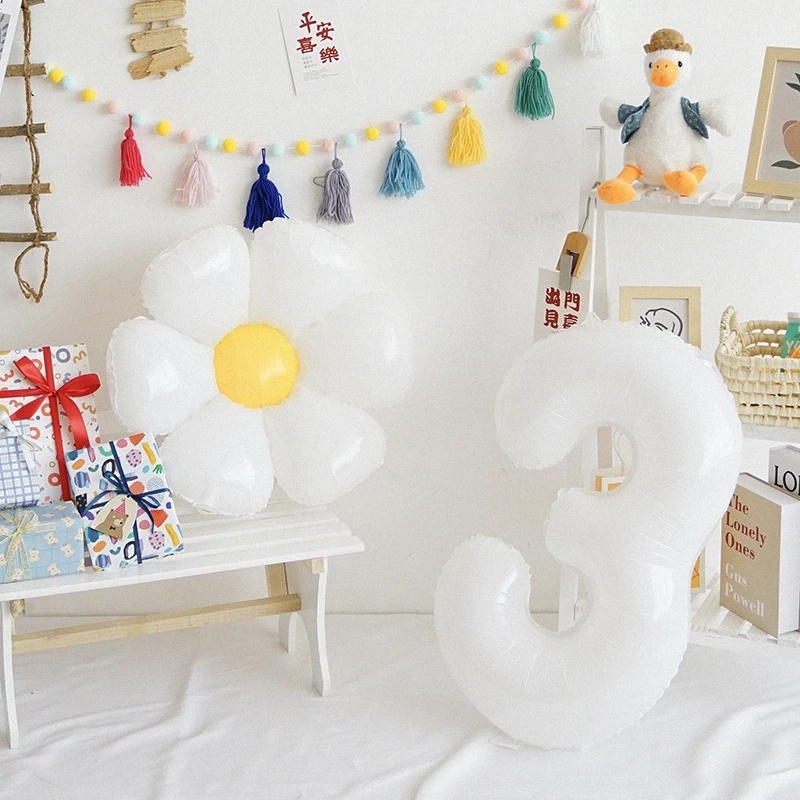 Balon Foil Bentuk Bunga Daisy Putih Angka 0-9 Untuk Dekorasi Pesta Ulang Tahun Anak