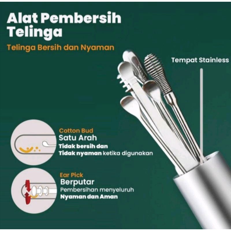 Alat Pembersih Telinga Korek Kuping Spiral Set 6 Pcs Stainless Steel / Ear Wax  Picker 6 Pcs / Stainless Steel Anti Karat