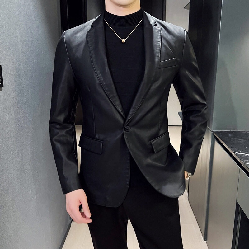 2022 Pria  Mantel Kulit Imitasi Kulit Domba Suit Slim Fit Jaket Kulit Usaha Kecil Mantel