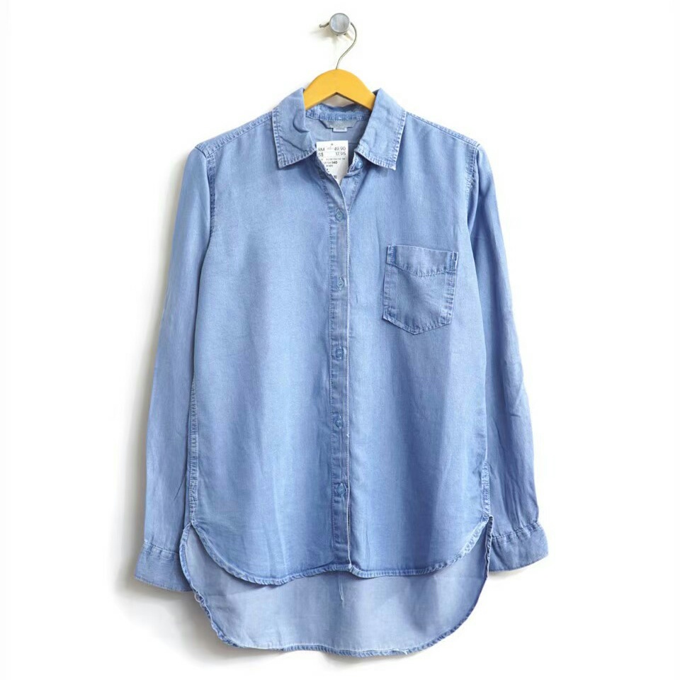 Kemeja Denim biru Army Wanita Kemeja jeans Kemeja polos wanita baju kantor lengan panjang Baju Kanto