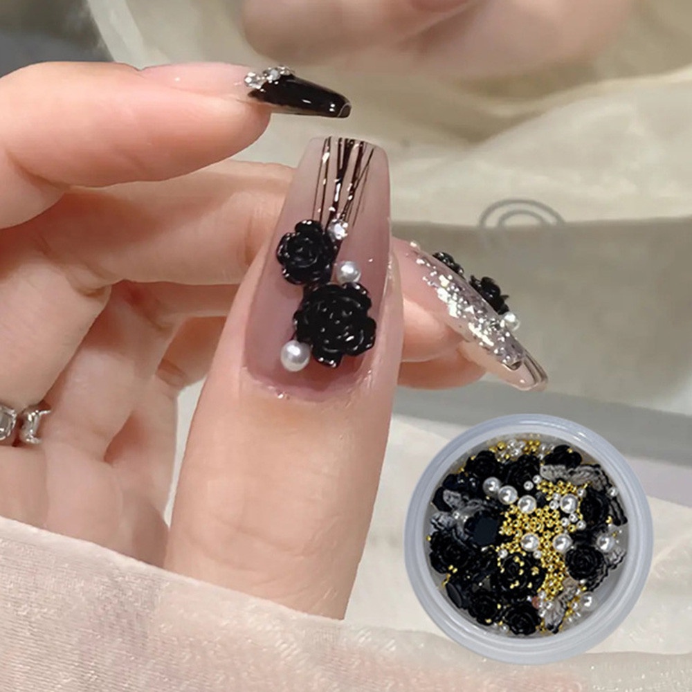 Ins Set Hiasan Bunga Camellia + Mutiara Imitasi Warna Hitam / Putih Untuk Dekorasi Nail Art DIY