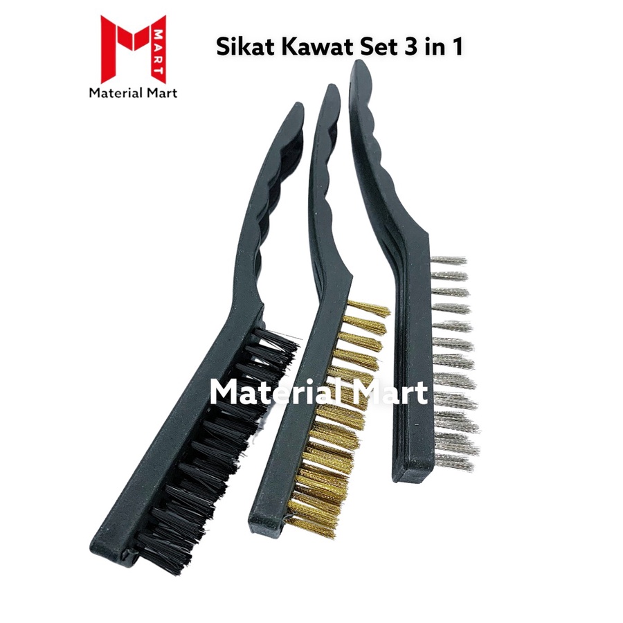 Sikat Baja Mini Set 3 PCS | Sikat Kuningan Set | Sikat Nylon 3 in 1 | Material Mart