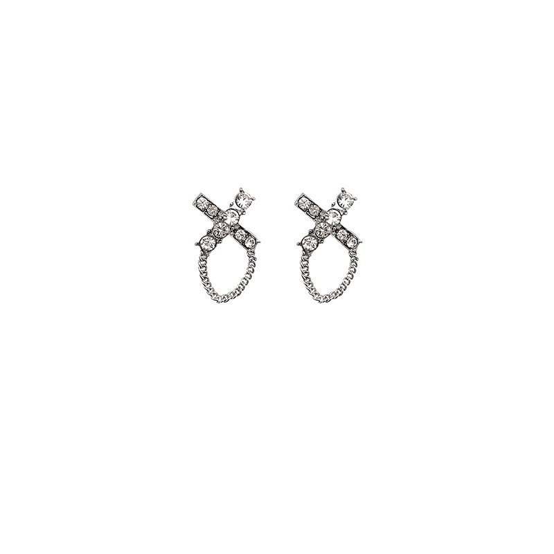 Anting Tusuk Gantung Bahan Sterling Silver 925 Bentuk X Hias Zircon Gaya Simplekeren Untuk Wanita