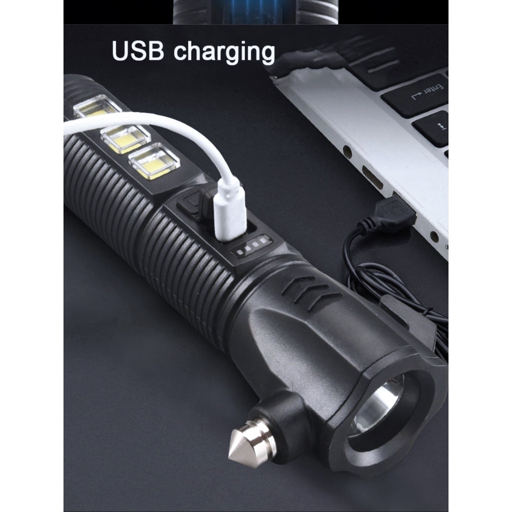 SENTER LED FLASHLIGHT USB CHARGER PALU PENGAMAN KACA MOBIL MULTIFUNGSI 4 IN 1 / SAFETY HAMMER