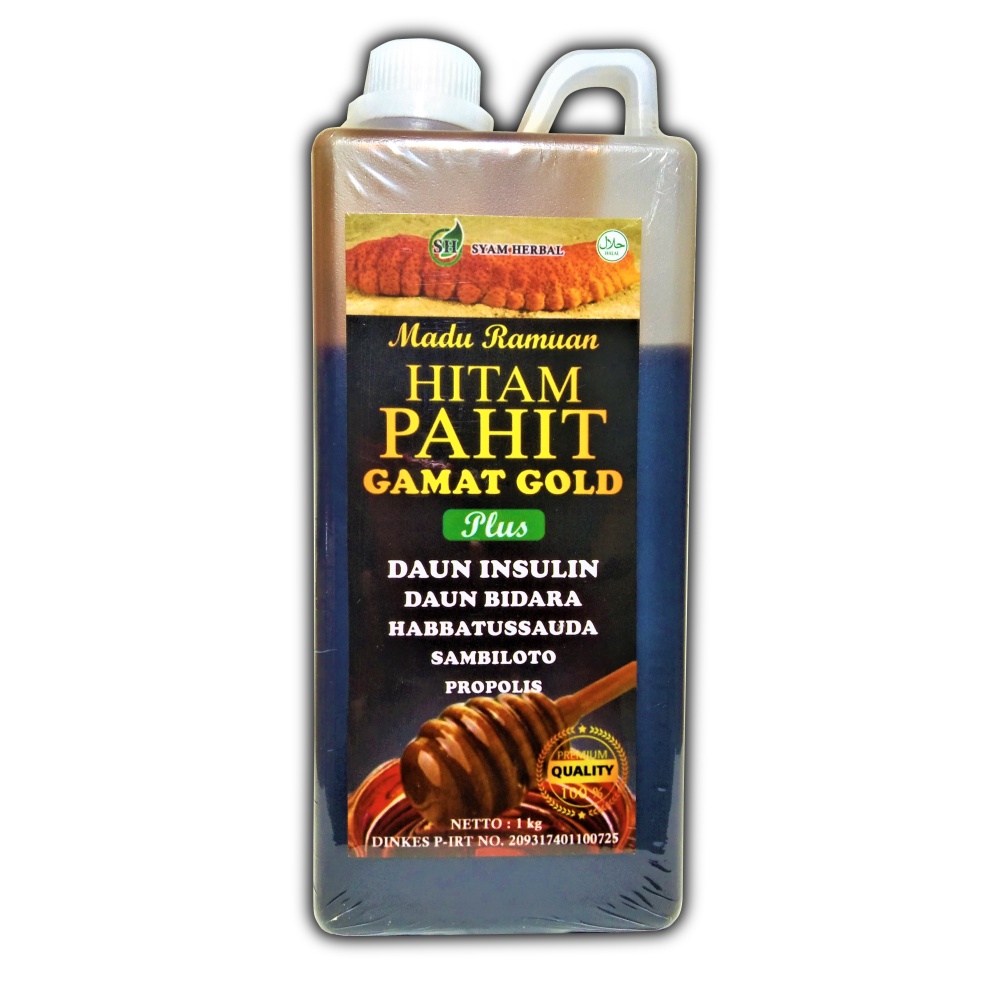 Madu Hitam Pahit Gamat Gold Syam Herbal 1000 Gram Plus Daun Insulin / Obat Diabet / Sariawan / Asam Urat