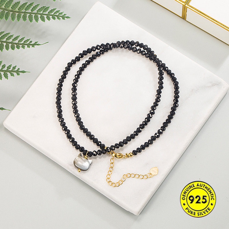 Kalung Rantai Panjang Liontin Kucing + Kerang Lucu Warna Hitam Untuk Wanita U1385