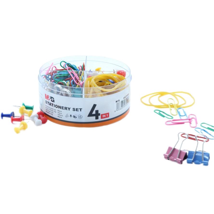 

Colorful 4 in 1 Office Set M&G 106154 (50pcs push pin, 10 pcs binder clip, 100pcs paper clip & 40pcs rubber ring) Push Pin, Klip Kertas