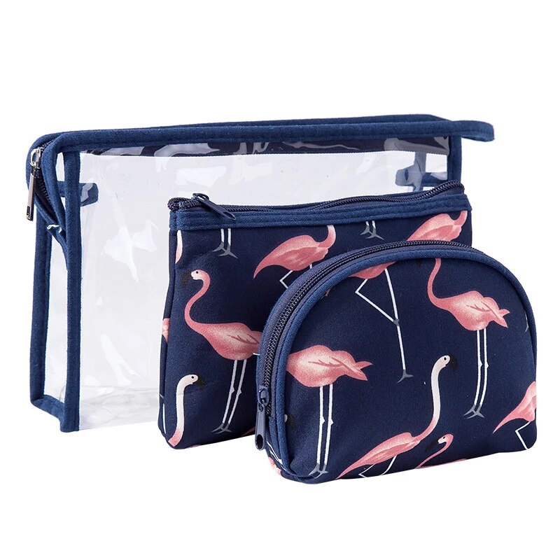 AWM Tas Kosmetik Skincare Multifungsi Travel Organizer PVC Waterproof Motif Flamingo Set 3 / travel bag simpel modern tahan air praktis ringan murah bagus awet