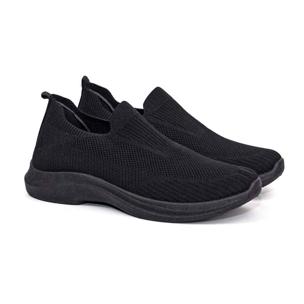 Sepatu Slip On Pria Rajut Import Sport Shoes Casual Hitam Non Tali SL931-H