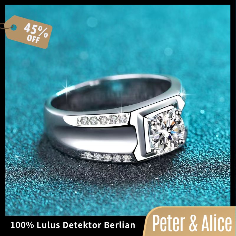 Peter & Alice Cincin Pertunangan Pria 1 Ct Moissanite,925 Platina Berlapis Perak
