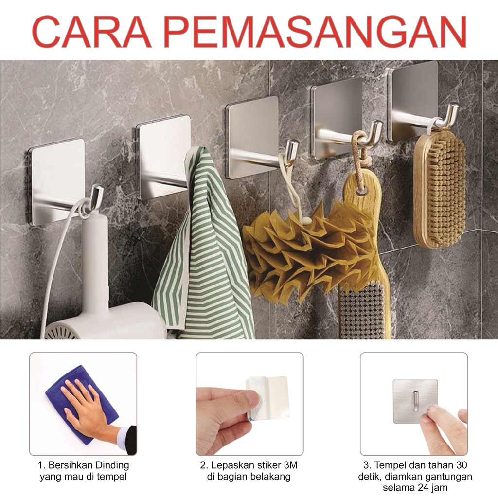 Gantungan Hook Dinding Tempel Stainless Steel Single adhesive Hook Hanger 3M - 1 pcs