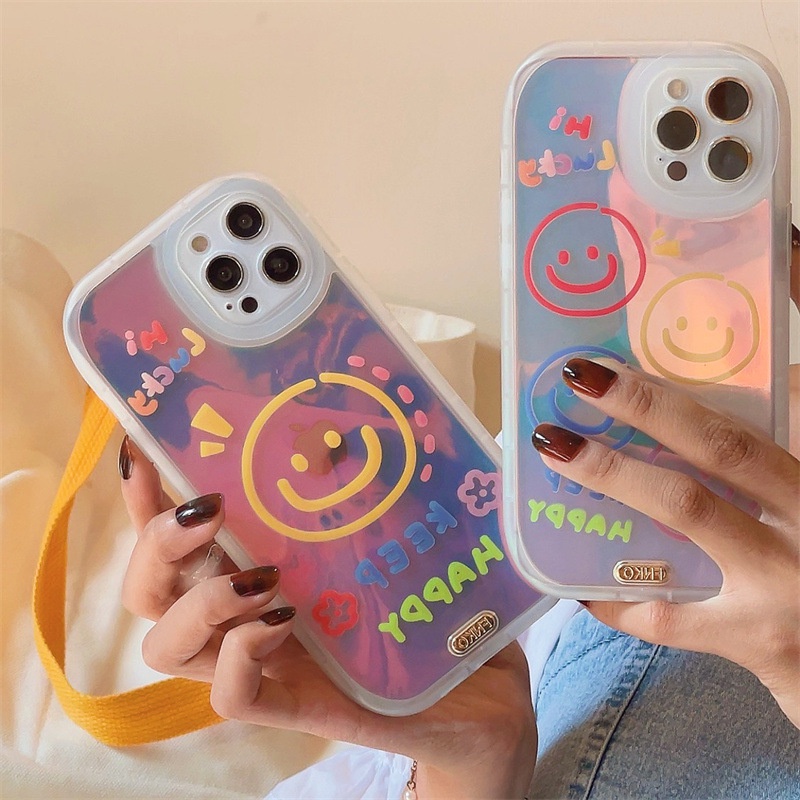 Casing Hologram iPhone Case Smiley Transparan Gradient TPU Smile Korean