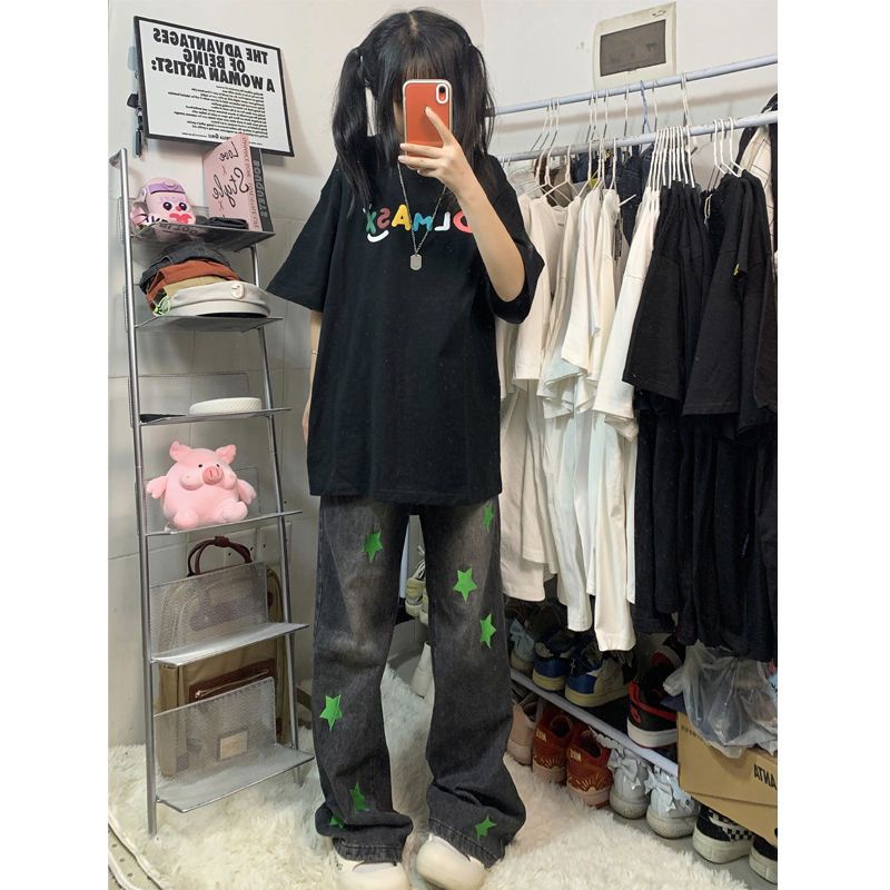 jeans bordir wanita 2022 baru street fashion celana lurus abu-abu asap celana