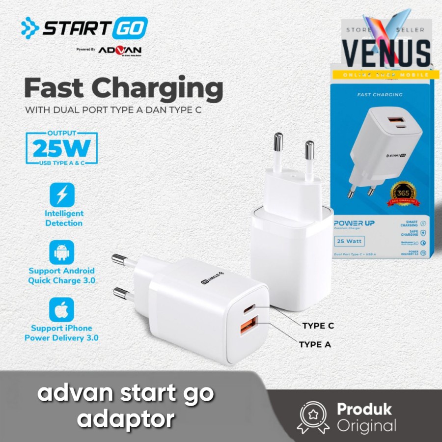 STARTGO Advan kepala Adaptor fast charging 25w type a + type c 3.0