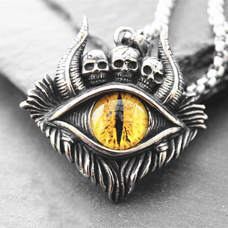 Kalung Liontin Mata Iblis Warna Kuning Gaya Retro Rock Untuk Pria