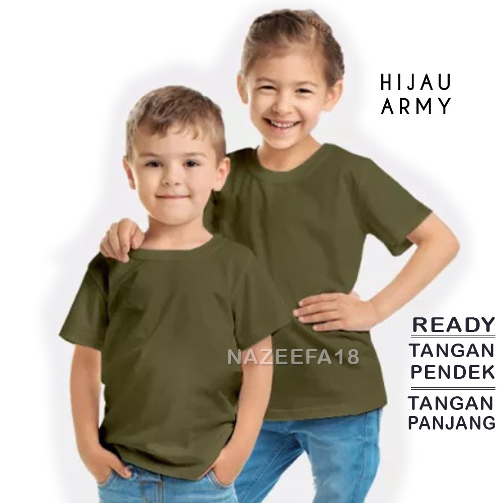 Kaos Polos Anak Perempuan Laki Laki Tangan Pendek Panjang Katun Adem Hijau Army