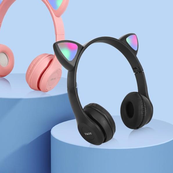 TACOO XY-205 Cat Ear Wireless Bluetooth Headset Pink/Black - Merah Muda