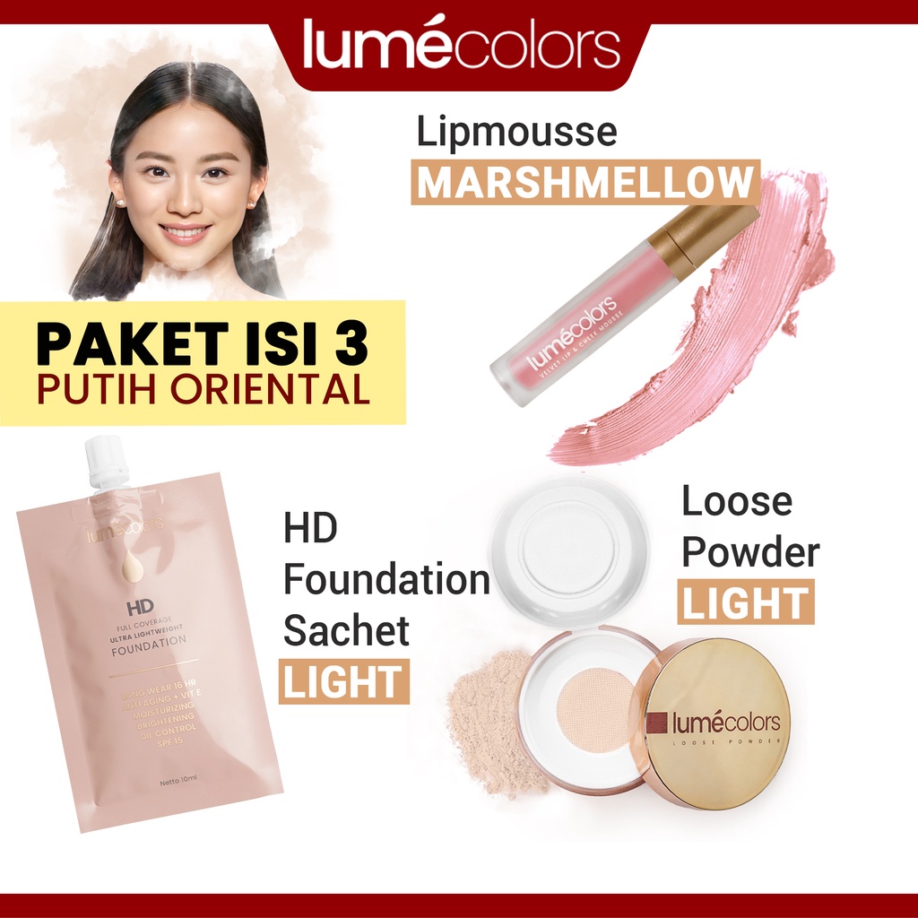 (Free Emas) Lumecolors Paket Bundling 3in1 Simple Base Loose Powder + Sachet Foundation 10ml + Lipmousse