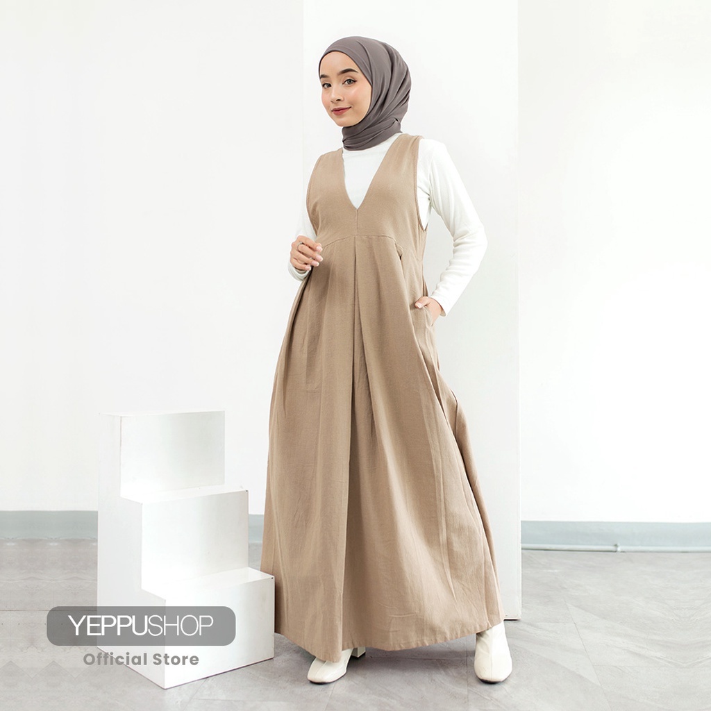 Anna Overall Long Dress | Long Overall Dress Berbahan Linen Premium [YEPPUOUTFIT]