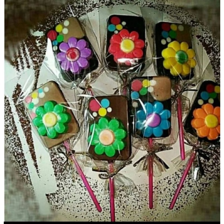 

cokelat lolipop / stick cokelat motif kotak bunga