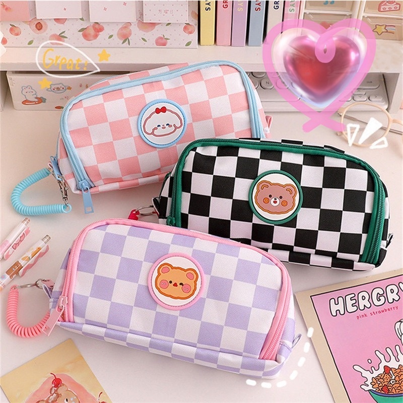 

Cartoon Animal Bear Pencil Case Cute Large Capacity Lattice Pencil Tote Bag School Student Kawaii St