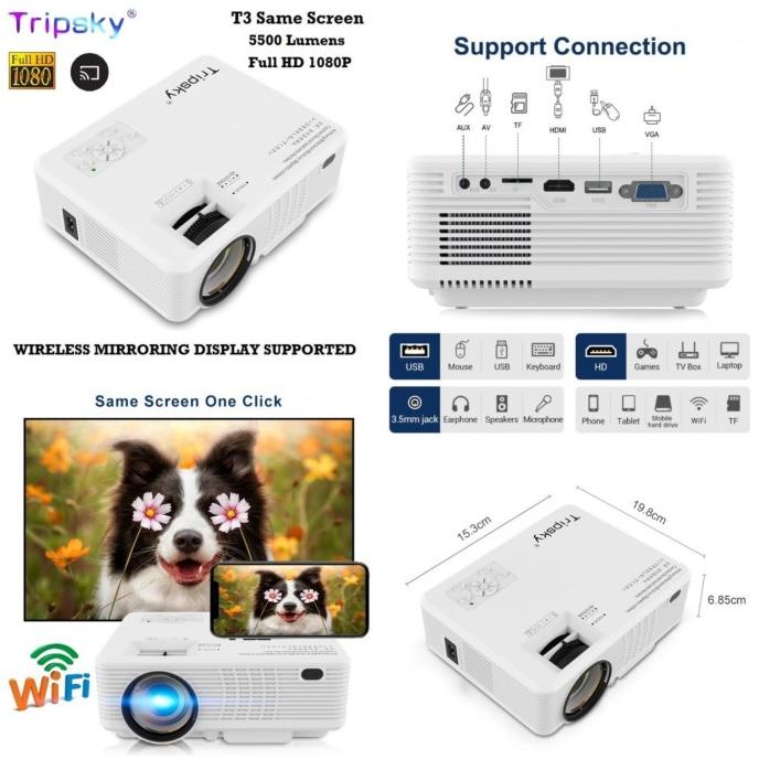 TRIPSKY T3 SAME SCREEN VERSION - Multimedia Home Projector 5500 Lumens