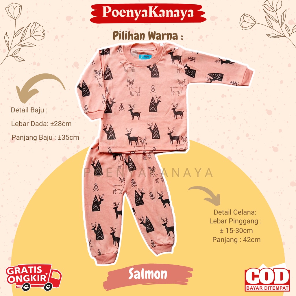 Setelan Baju Bayi Piyama Bayi Panjang RUSA WARNA Viori Size 6-18 Bulan SPY46