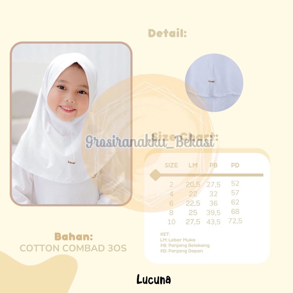 Hijab Anak Instan Zahra Junior Lucuna Warna Putih Size 2-10 TH