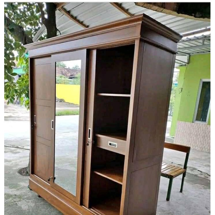 Almari 3 pintu sleding Minimalis kayu jati