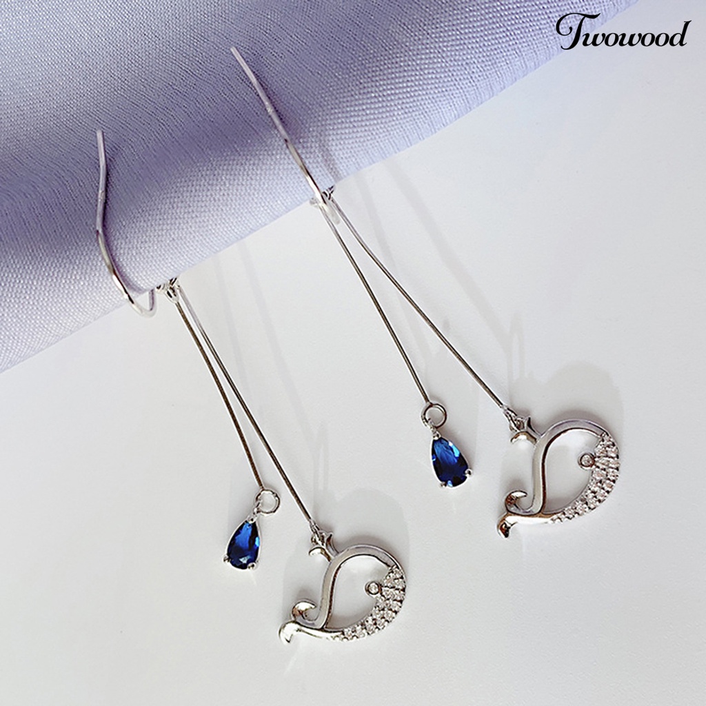 1 Pasang Anting Juntai Bentuk Whale Cube Zirconia Gaya Korea Untuk Pernikahan