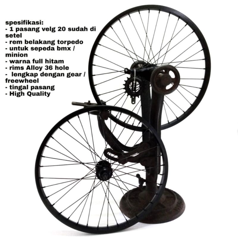 velg rims alloy rem torpedo sepeda bmx 20 inchi sepasang depan dan belakang 1 set + freewhel 18 T