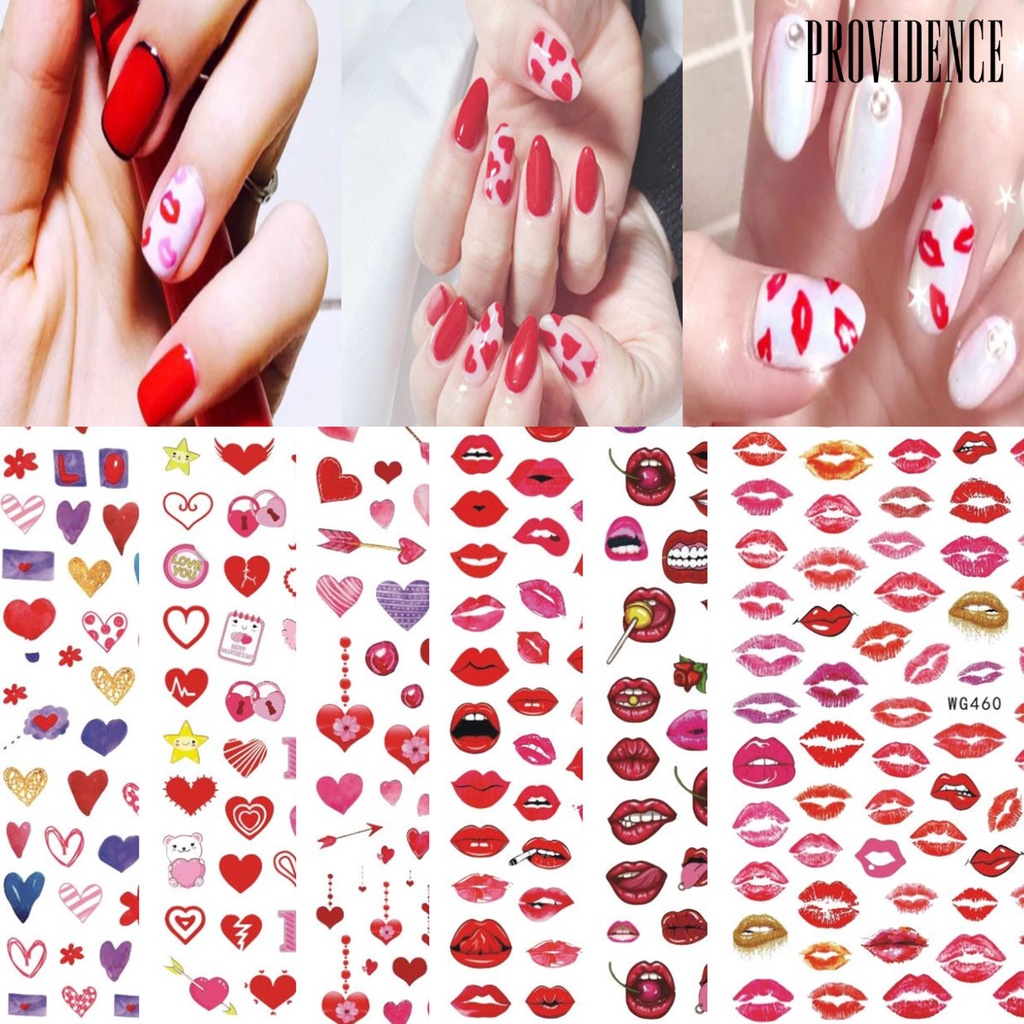 Stiker Perekat Kuku Desain Hati Bibir Merah Warna-Warni Dapat Dilepas Untuk Salon