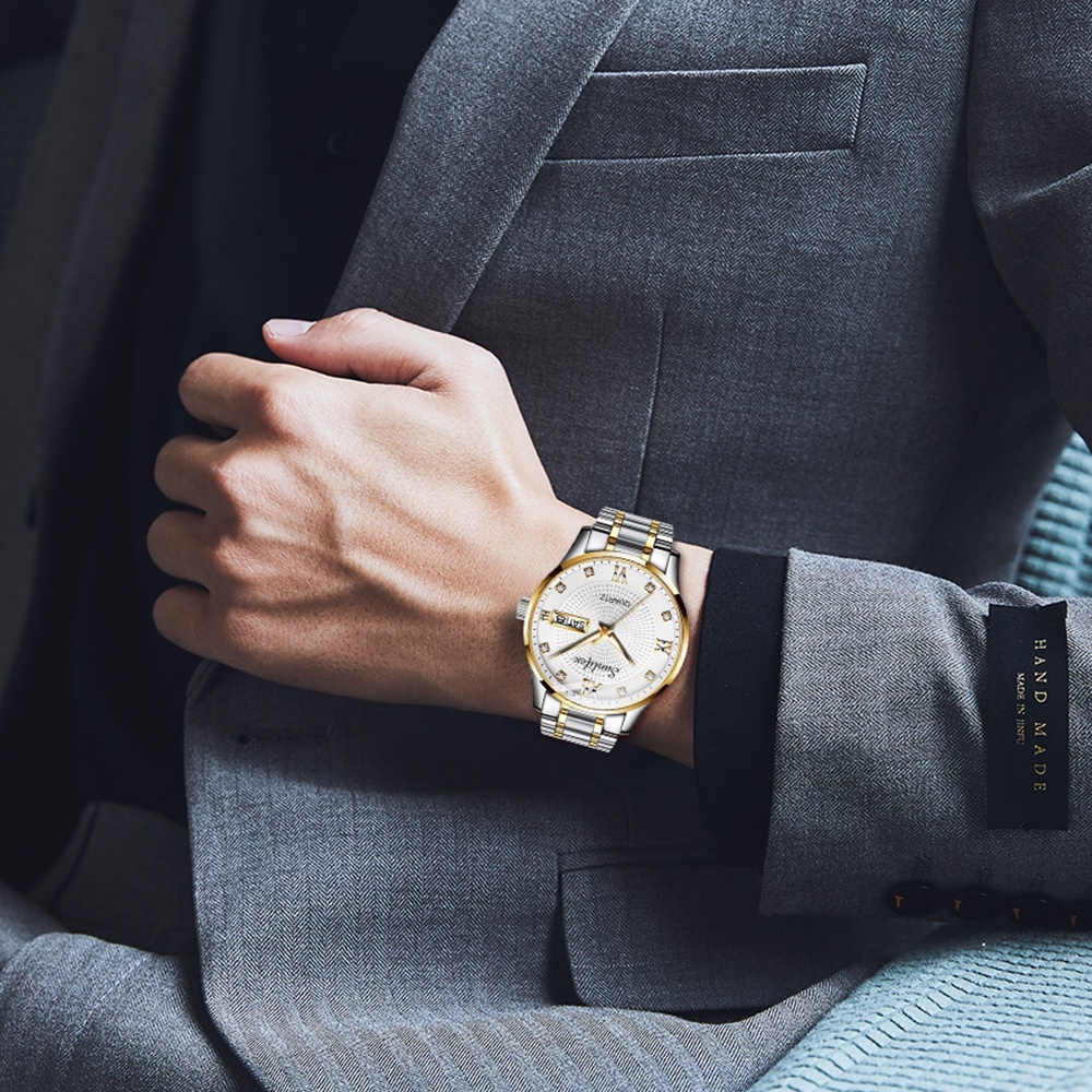 Sunlifex Jam Tangan Pria Original Kuarsa Tali Stainless Steel Calendar Mewah Mode Pria Jam Tangan Cowok Anti Air-2