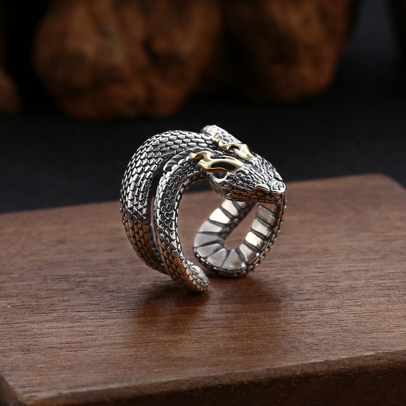 Cincin Lapis Silver Desain Ular Naga Dapat Disesuaikan Gaya Rock Untuk Pria