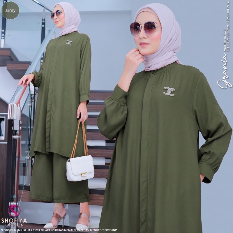 grania set long tunik dan kulot bahan rayon twill