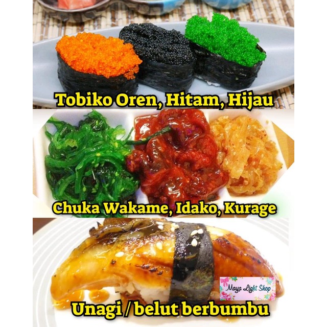 

Chuka sushi tobiko unagi kabayaki chuka wakame idako kurage topping sushi sashimi roe fish frozen food gurita ubur ubur halal mui bpom murah tobiko bahan sushi sashimi