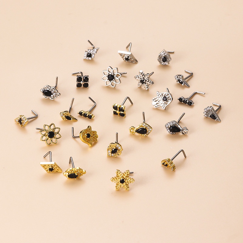 1pc Anting Tindik Hidung Bentuk L Desain Snowflake 20Gauge Bahan Stainless Steel Hias Zircon Hitam