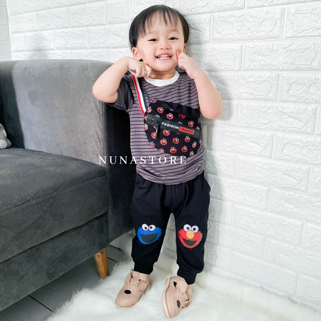 Nuna Store baju anak laki laki SaintQueen Motif Kantong Garis Elmo / Setelan Baju Bayi 0 - 2,5 tahun / Baju Anak Laki-Laki