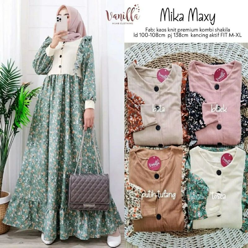 Mika Maxy, GAMIS WANITA MUSLIM CANTIK MODIS FIT XL LD 110-110 BAHAN KAOS KNIT IMPORT MIX SHAKILA PREMIUM OOTD