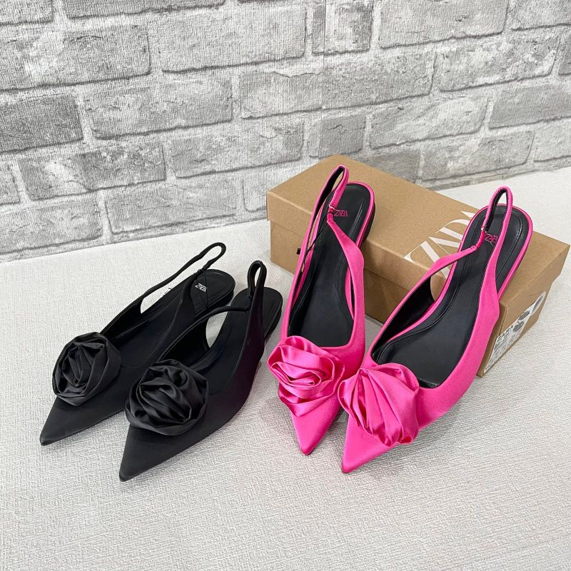 PROMO SALE Sepatu Zara flat pink hitam mawar sandal flower black