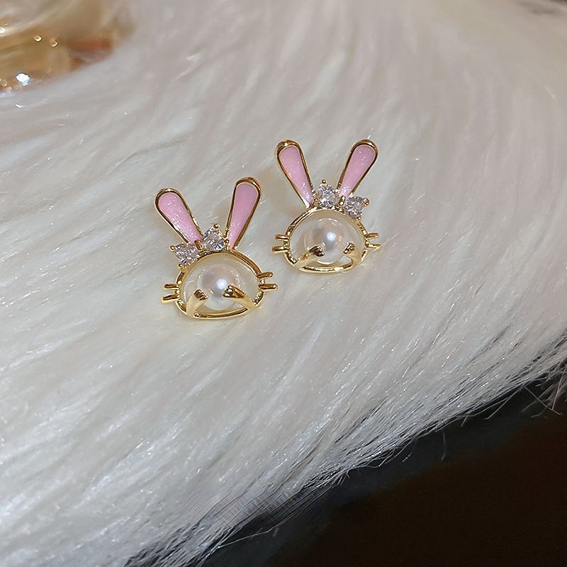 Anting S925 Silver Needle Bentuk Kelinci Aksen Mutiara Bahan Zirkon Warna Pink Gaya Korea Untuk Wanita