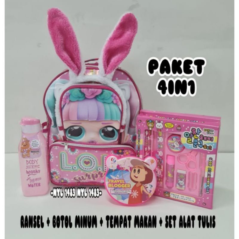Tas ransel anak Minnie mouse LOL 4in1 - tas + paket pinsil + lunch box mini + botol minum gratis bando