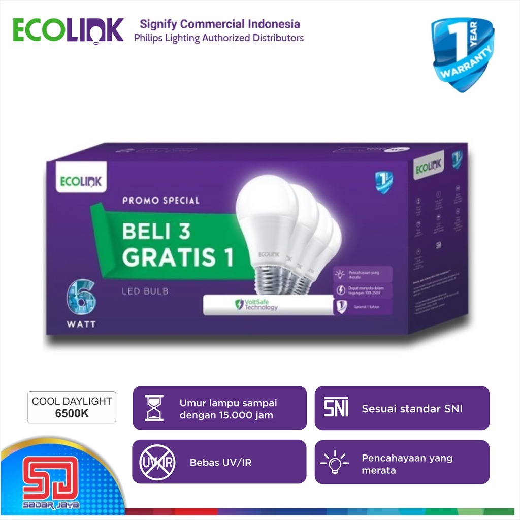 Paket Beli 3 Gratis 1 ECOLINK Lampu 6W LED 6Watt Bulb Bohlam 6 Watt - 6500K Cool Daylight Putih