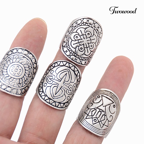 4pcs / Set Cincin Midi Lapis Silver Motif Ukir Totem Gaya Bohemian Vintage Etnik